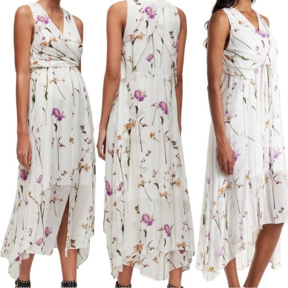 AllSaints White Floral Midi Dress with Purple & Tan Accents